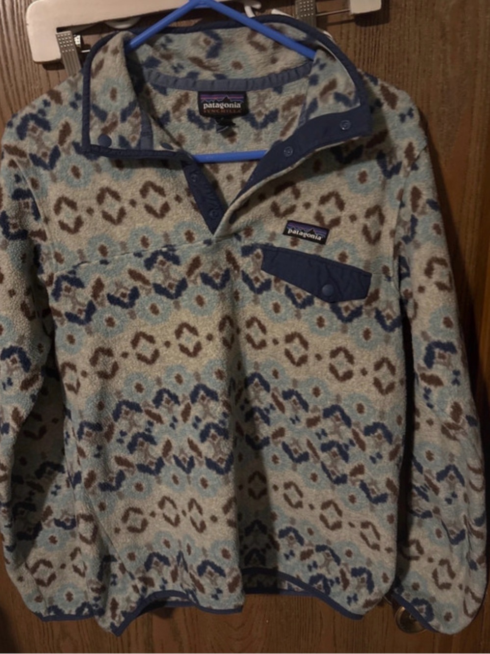 Patagonia Light Blue, Brown & Navy Patterned Snap-T Fleece Jacket